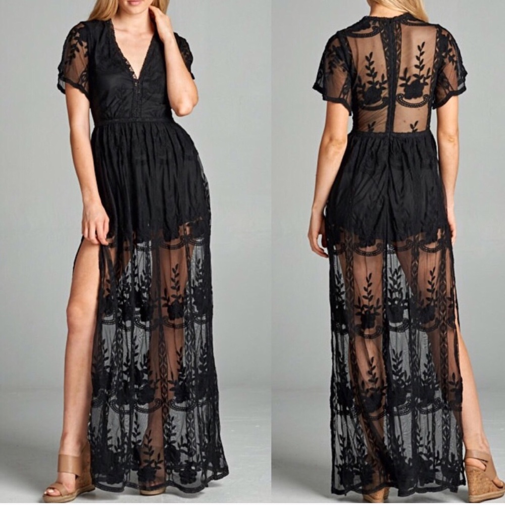 Black romper with long lace overlay